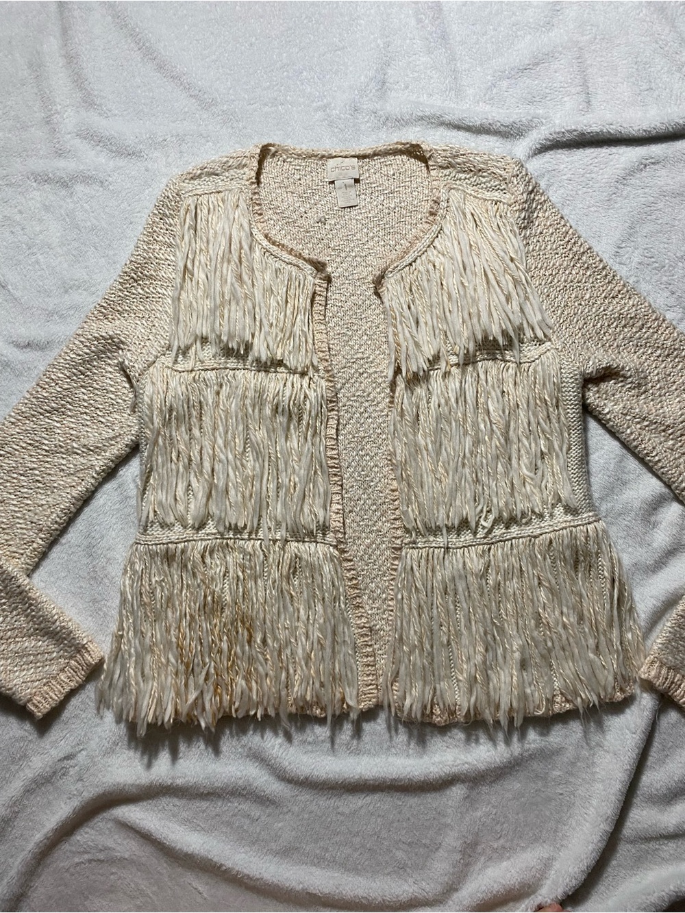 Chico's Fringe Cardigan in Cream Size Medium Like New
